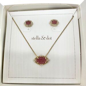 Stella & Dot Gold Necklace and Earrings Pink Druzy Stone Crystal Accents in Box